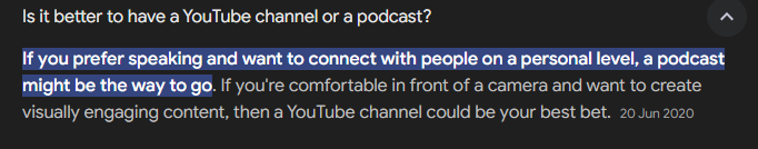  Text message on a black background asking, "Is it better to be a YouTube channel or a podcast?"