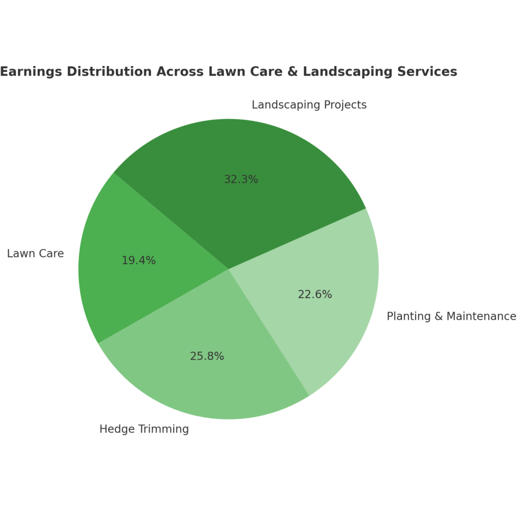  A pie chart illustrating the distribution of various lawn care and landscaping services by percentage.