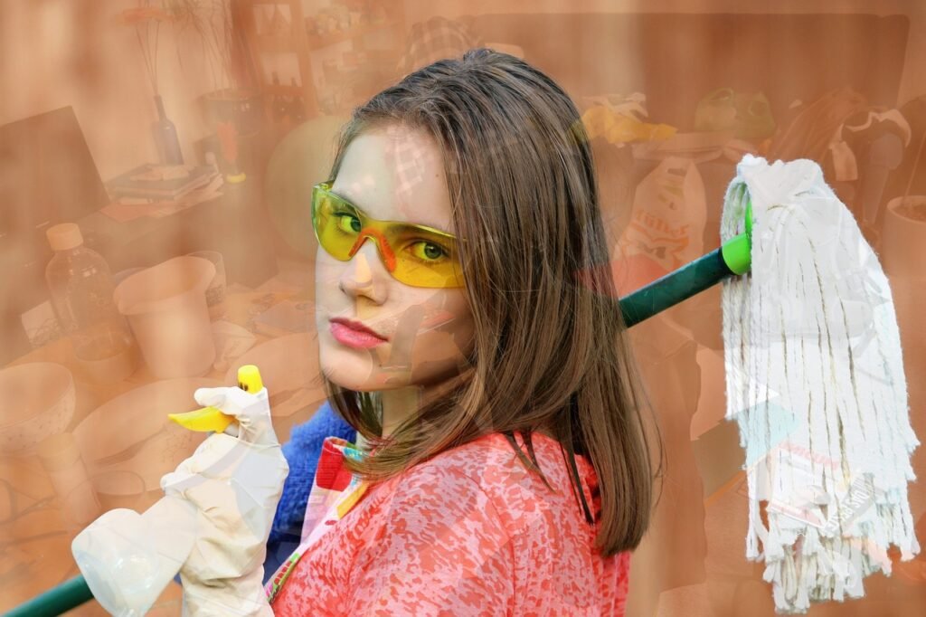 A woman with glasses is holding a mop, ready to clean her surroundings with determination and focus.