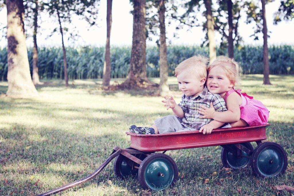  Two young children sitting in a wagon, enjoying a sunny day on a grassy field