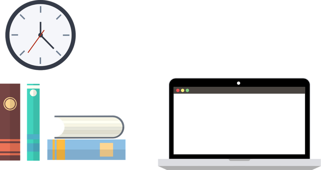 Visual image of computer clock and books